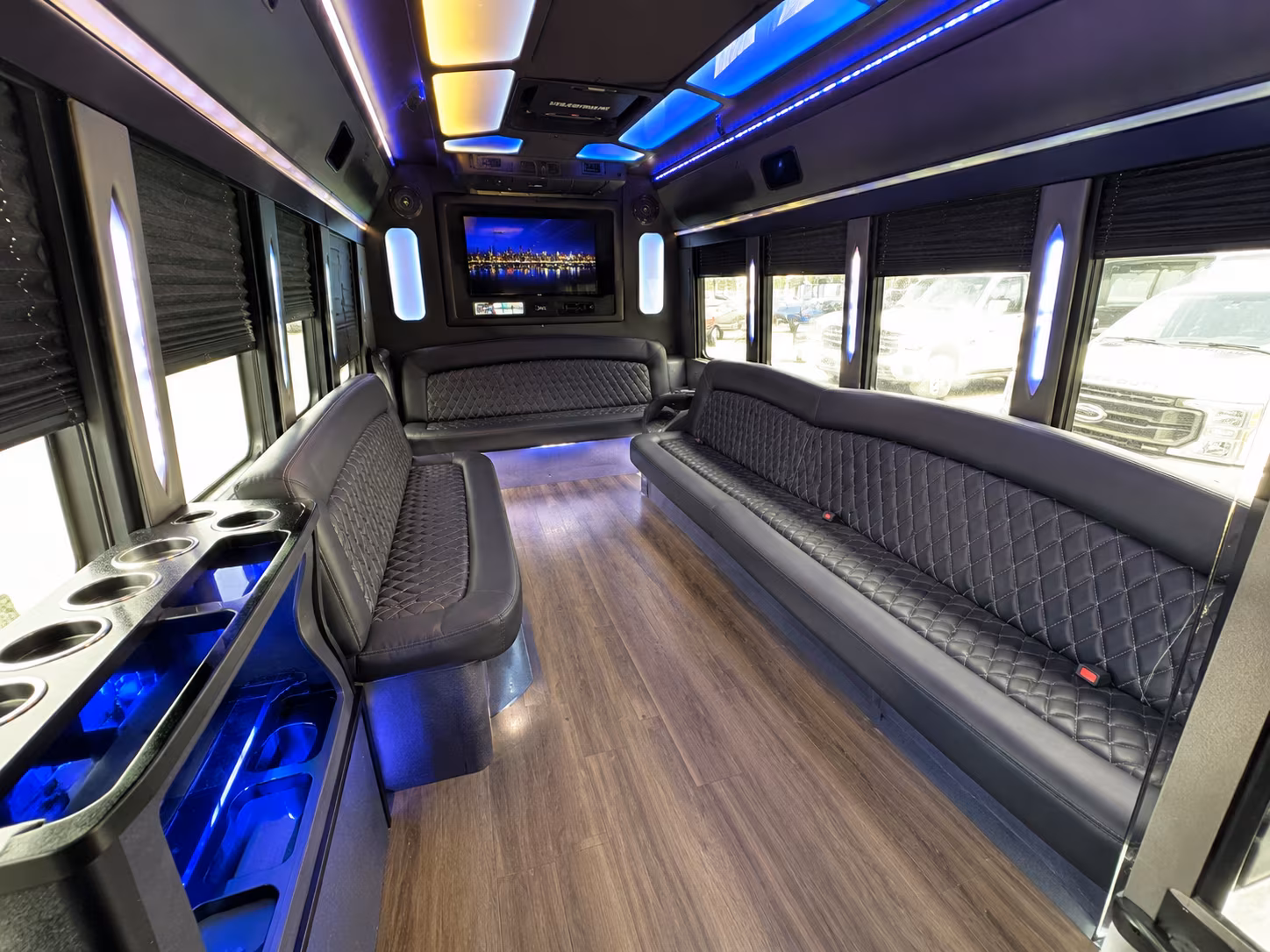 Passenger watching the Anaheim scenery during a regional party bus road trip
